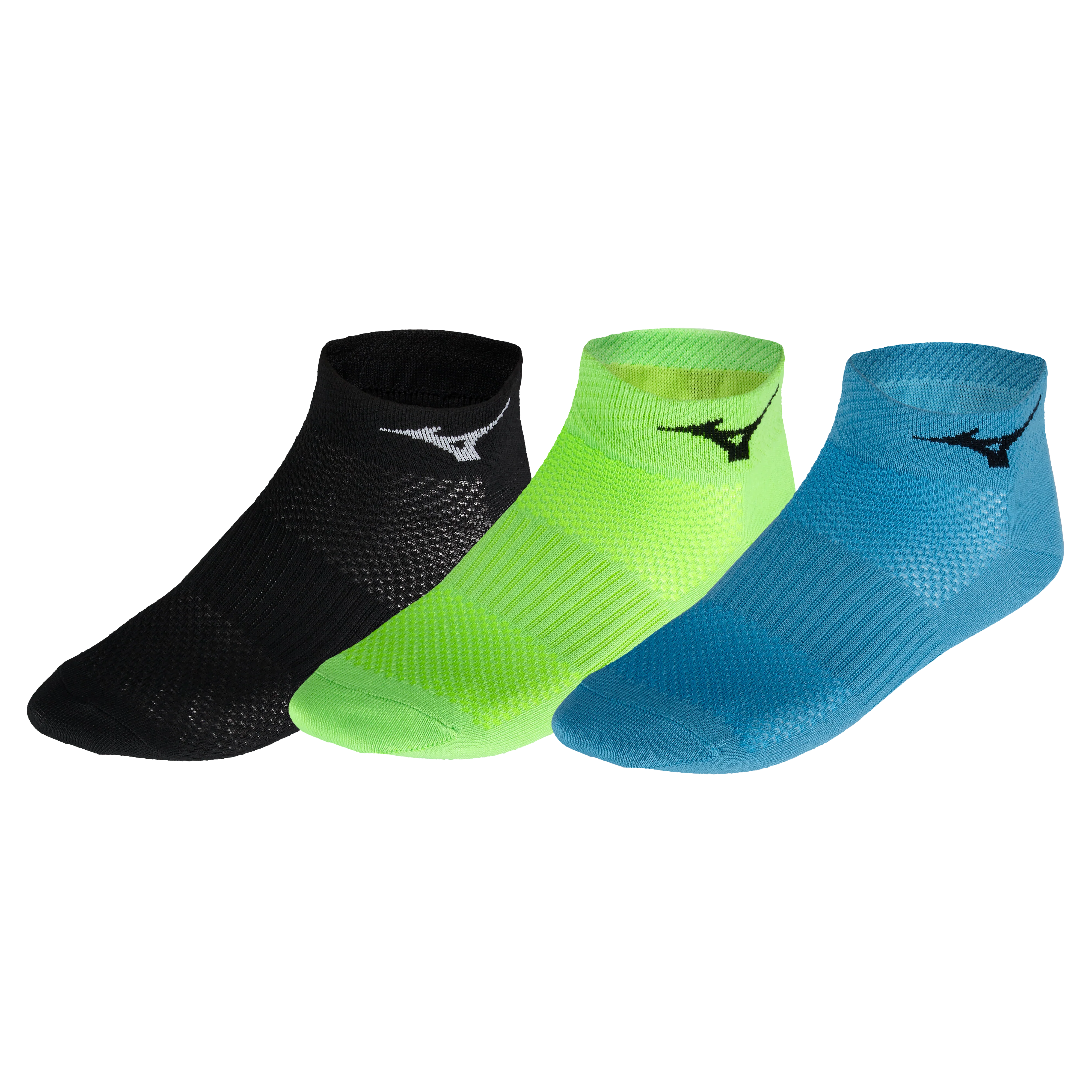 Mizuno Training Mid 3P, Socken, 3 Paar, black/light green/maui blue, schwarz, grün, blau